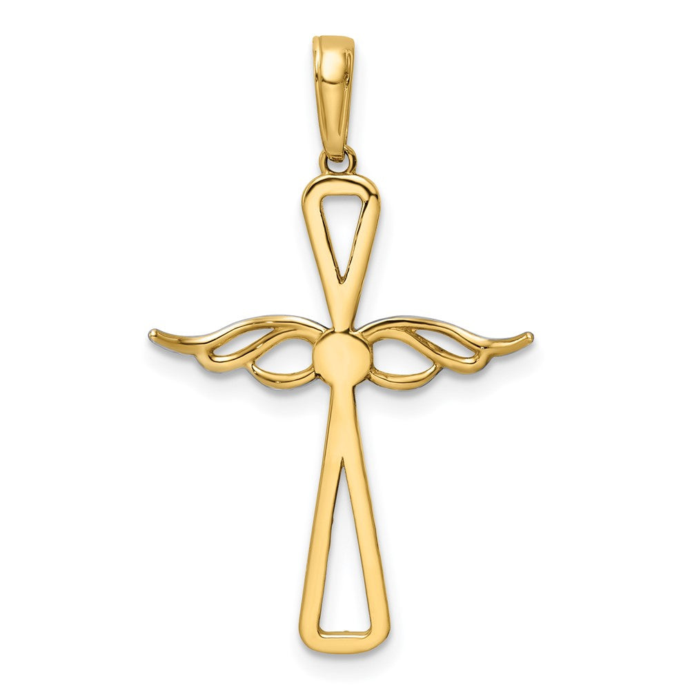 14K Gelb- und Rhodiumgold Kreuzanhänger mit Flügeln, diamantiert, mit Rhodium
