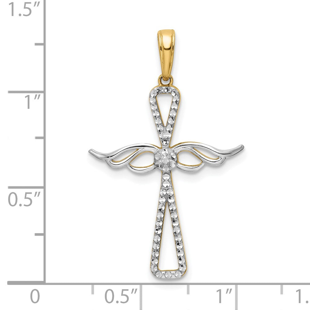 14K Gelb- und Rhodiumgold Kreuzanhänger mit Flügeln, diamantiert, mit Rhodium