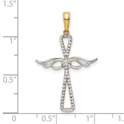 14K Gelb- und Rhodiumgold Kreuzanhänger mit Flügeln, diamantiert, mit Rhodium