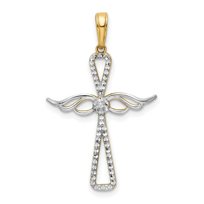 14K Gelb- und Rhodiumgold Kreuzanhänger mit Flügeln, diamantiert, mit Rhodium