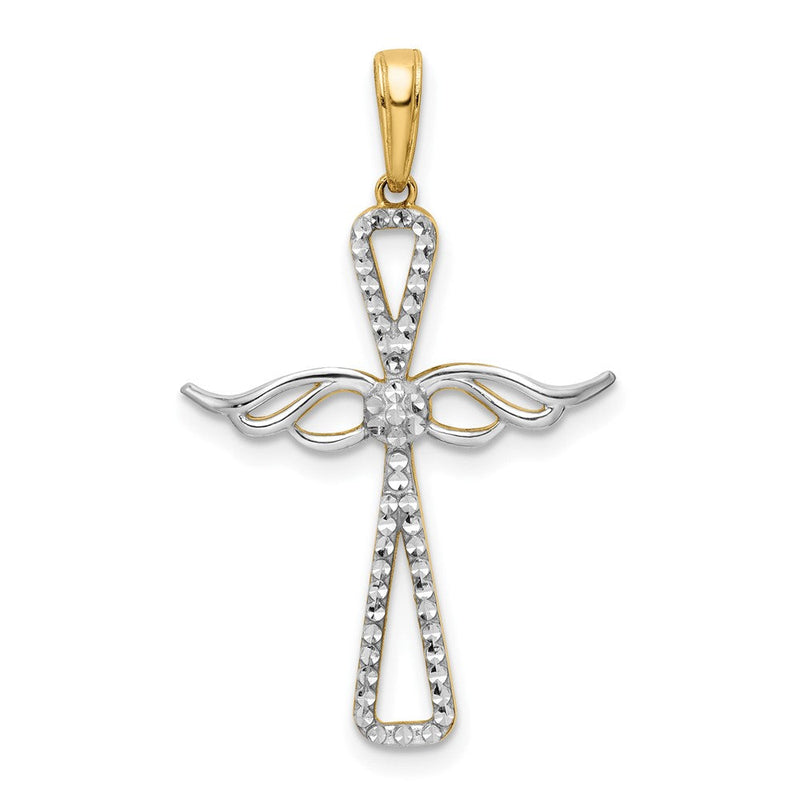 14K Gelb- und Rhodiumgold Kreuzanhänger mit Flügeln, diamantiert, mit Rhodium