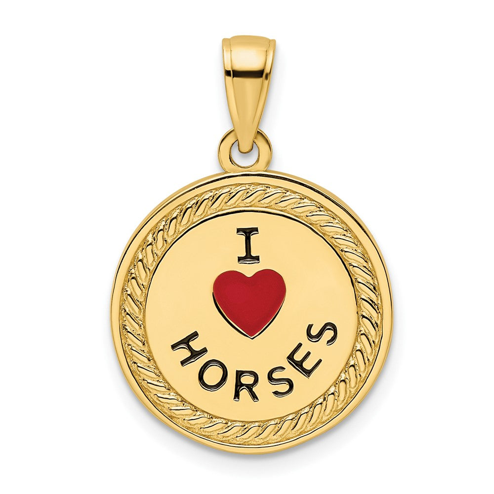 14K Gelbgold Emaillierter Wendeanhänger „Ich liebe Pferde/Ich liebe Reiten