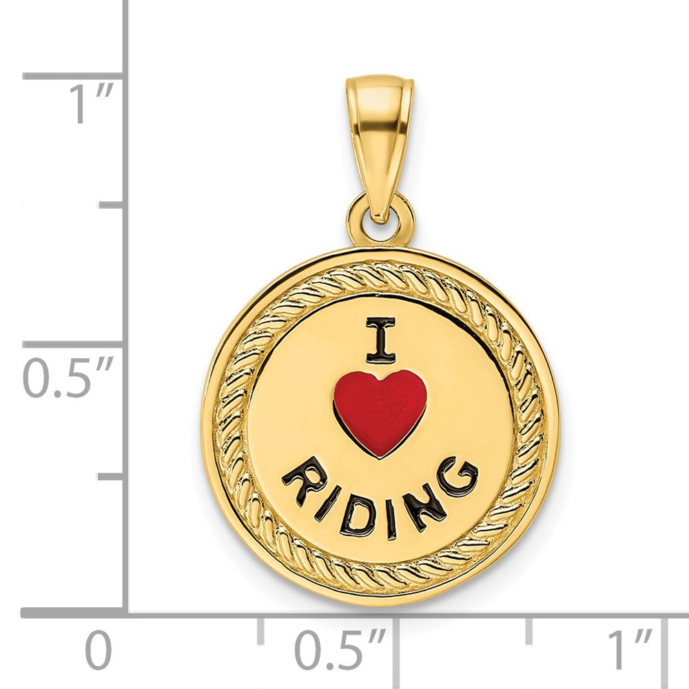 14K Gelbgold Emaillierter Wendeanhänger „Ich liebe Pferde/Ich liebe Reiten