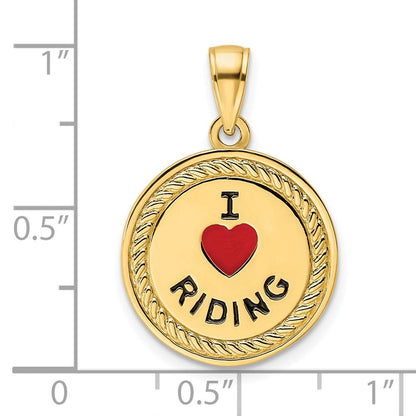 14K Gelbgold Emaillierter Wendeanhänger „Ich liebe Pferde/Ich liebe Reiten