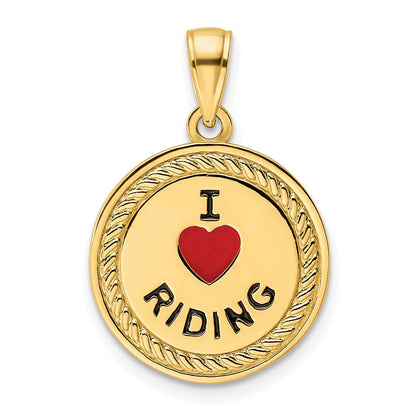 14K Gelbgold Emaillierter Wendeanhänger „Ich liebe Pferde/Ich liebe Reiten