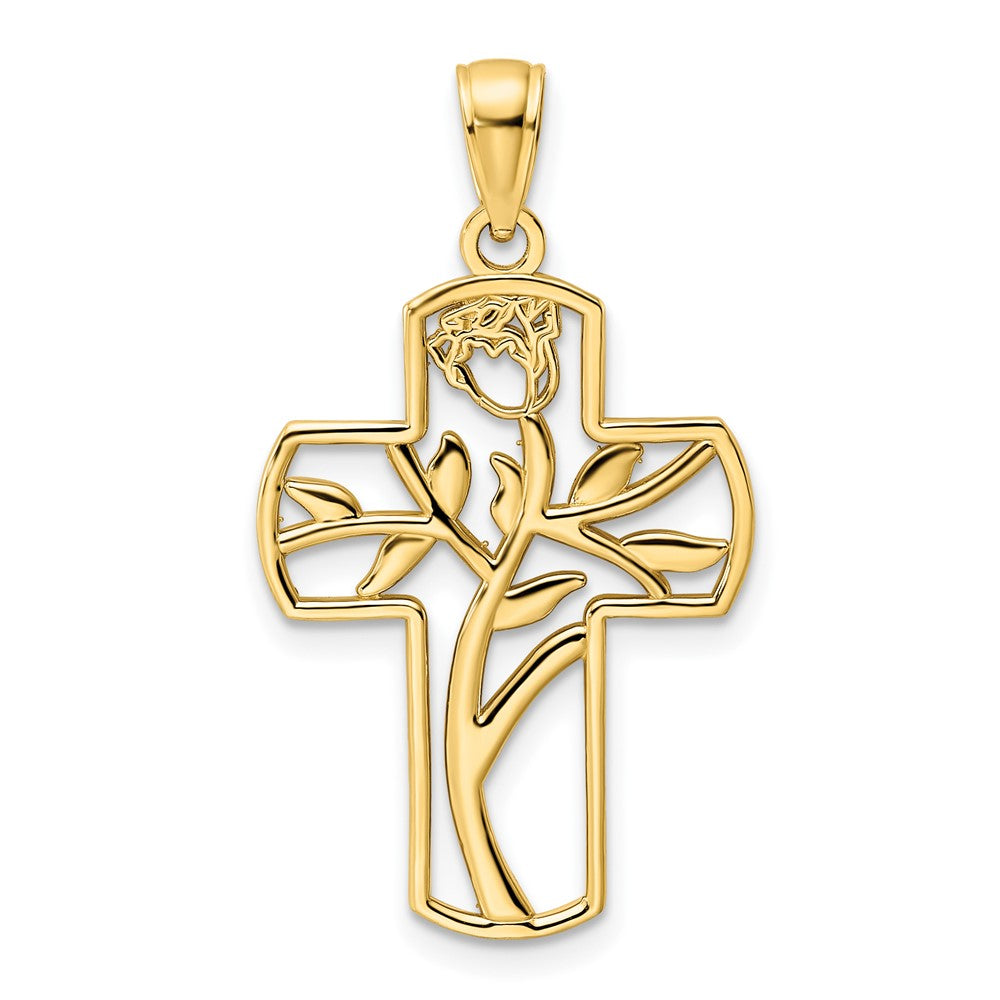 14K Gelbgold Kreuzanhänger mit poliertem Blumendesign