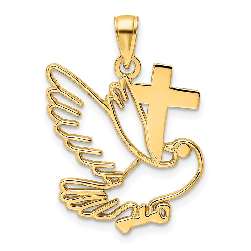 14K Gelbgold polierter Taube-und-Kreuz-Anhänger