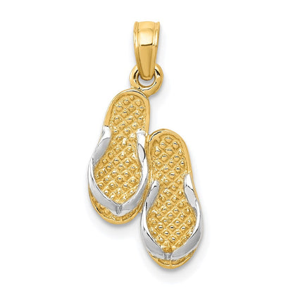 14K Gelbgold & Rhodium 3D mit Rhodium massiv poliert Sandalen-Anhänger