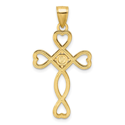14K Gelbgold Polierter Kreuzanhänger mit Herzdesign und Perlenrand