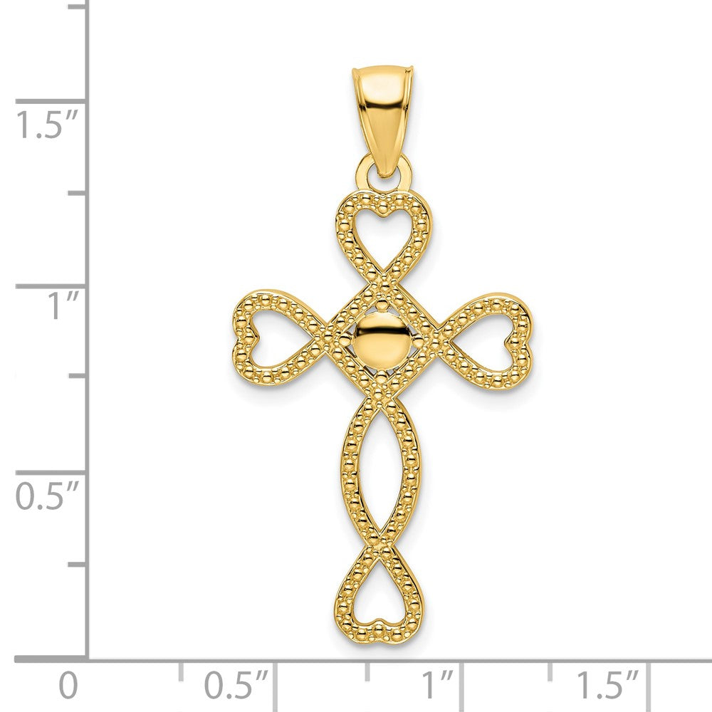 14K Gelbgold Polierter Kreuzanhänger mit Herzdesign und Perlenrand