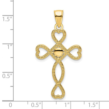 14K Gelbgold Polierter Kreuzanhänger mit Herzdesign und Perlenrand