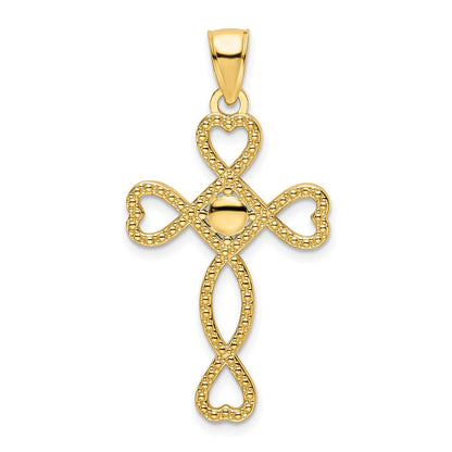 14K Gelbgold Polierter Kreuzanhänger mit Herzdesign und Perlenrand