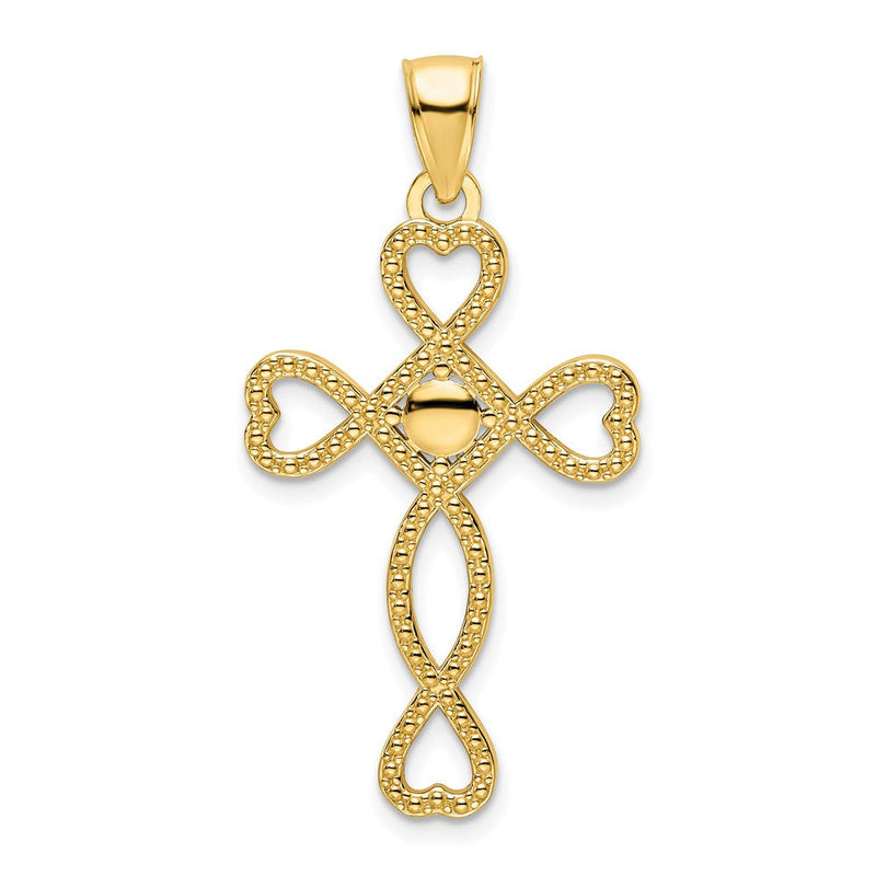 14K Gelbgold Polierter Kreuzanhänger mit Herzdesign und Perlenrand