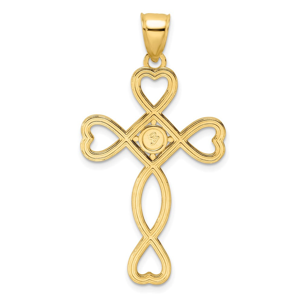 14K Gelbgold Kreuzanhänger mit poliertem Perlen-Herzdesign
