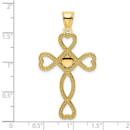 14K Gelbgold Kreuzanhänger mit poliertem Perlen-Herzdesign