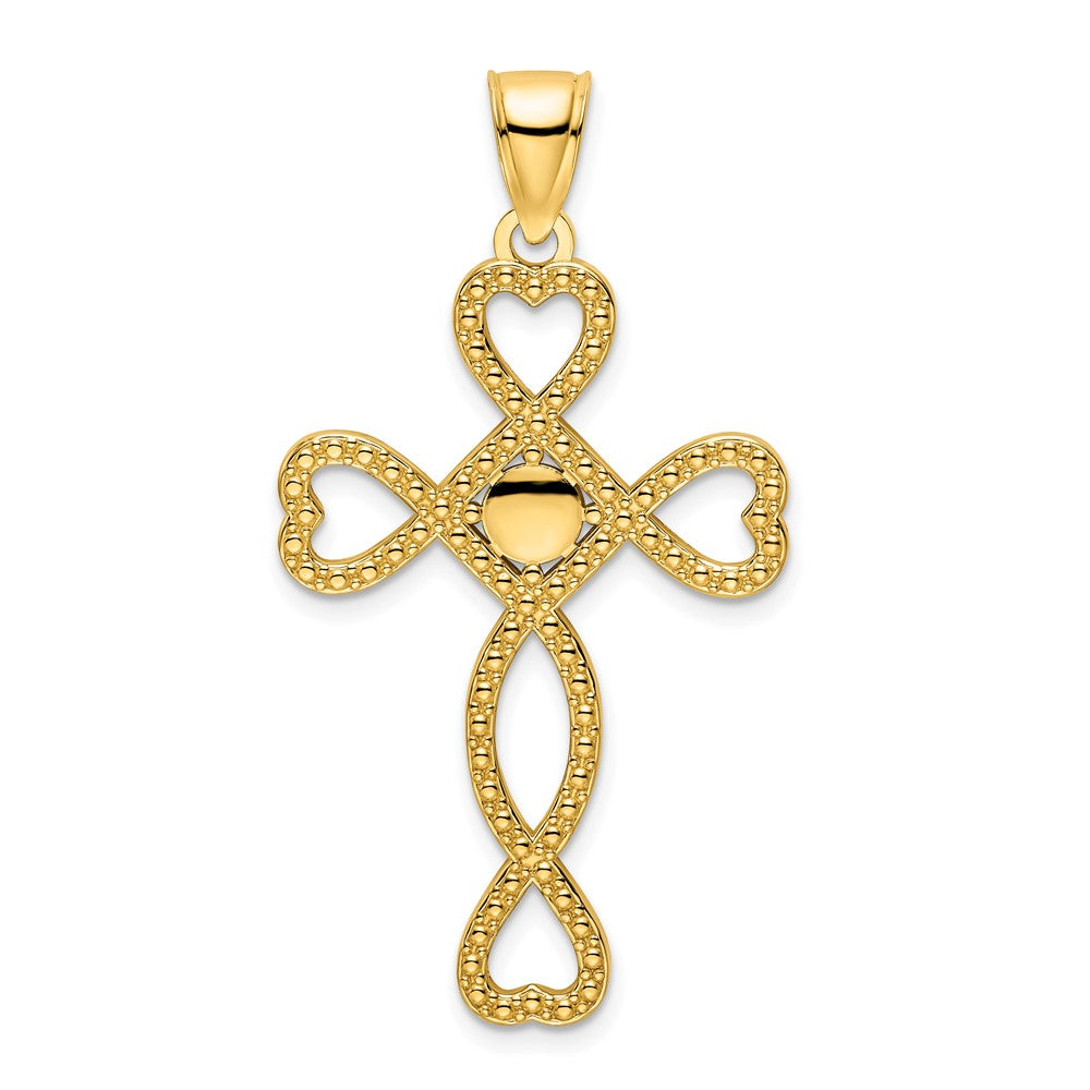 14K Gelbgold Kreuzanhänger mit poliertem Perlen-Herzdesign