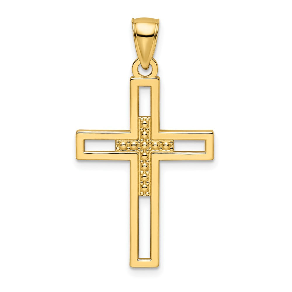 14K Gelbgold Anhänger mit doppeltem Kreuz, perliert und poliert