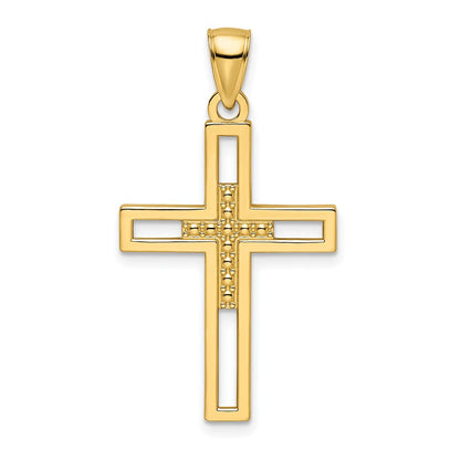 14K Gelbgold Anhänger mit doppeltem Kreuz, perliert und poliert