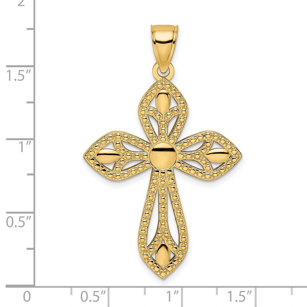 14K Gelbgold Kreuzanhänger mit Perlenrand, poliert und fantasievoll gestaltet