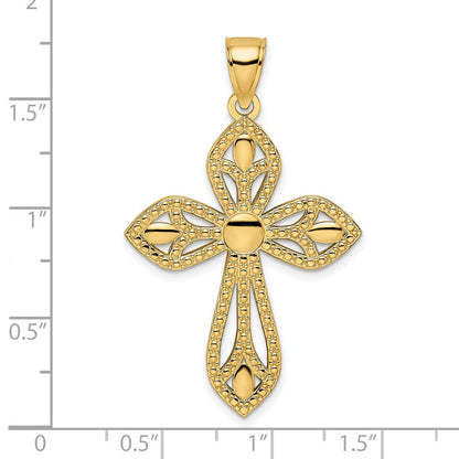 14K Gelbgold Kreuzanhänger mit Perlenrand, poliert und fantasievoll gestaltet
