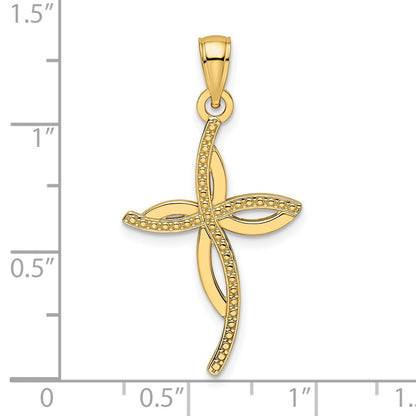 14K Gelbgold Kreuzanhänger mit Perlrand und poliertem Finish, Fancy-Design