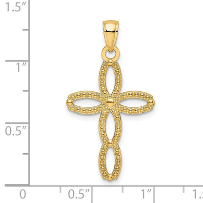 14K Gelbgold Kreuz-Anhänger mit Perlrand, poliert und ausgefallenem Design