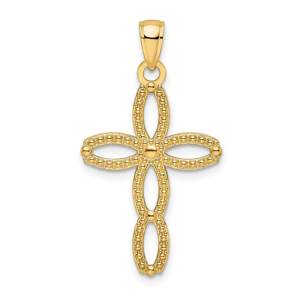 14K Gelbgold Kreuz-Anhänger mit Perlrand, poliert und ausgefallenem Design