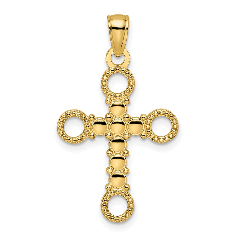 14K Gelbgold Kreuzanhänger, perlenverziert und poliert, fantasievolles Design