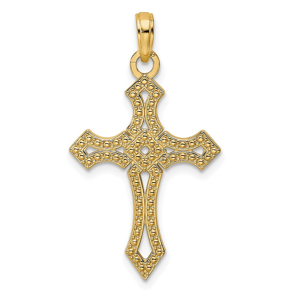 14K Gelbgold Kreuzanhänger mit Perlenrand, poliert, fantasievolles Design