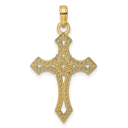 14K Gelbgold Kreuzanhänger mit Perlenrand, poliert, fantasievolles Design