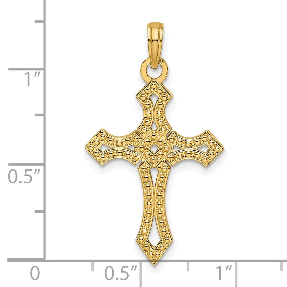 14K Gelbgold Kreuzanhänger mit Perlenrand, poliert, fantasievolles Design