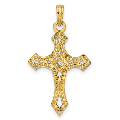 14K Gelbgold Kreuzanhänger mit Perlenrand, poliert, fantasievolles Design