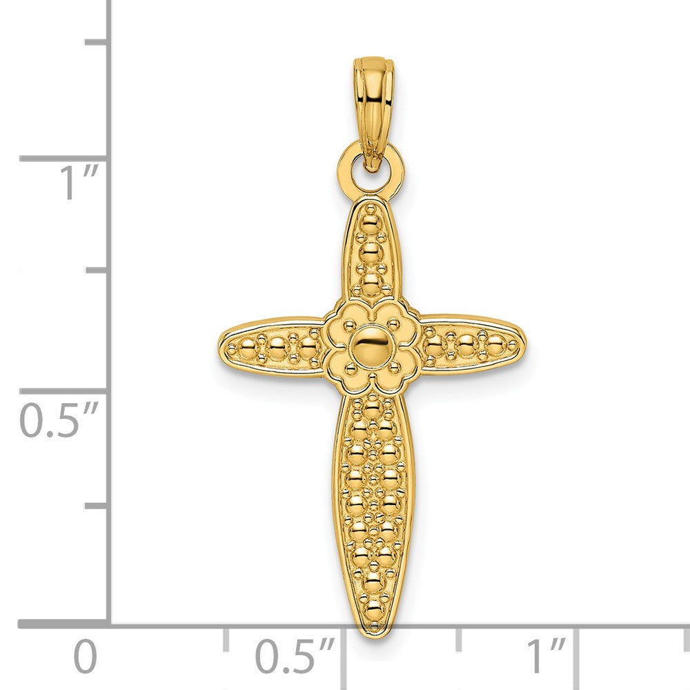 14 Karat Gelbgold Kreuz-Anhänger mit Perlrand, poliert, im Blumen-Design