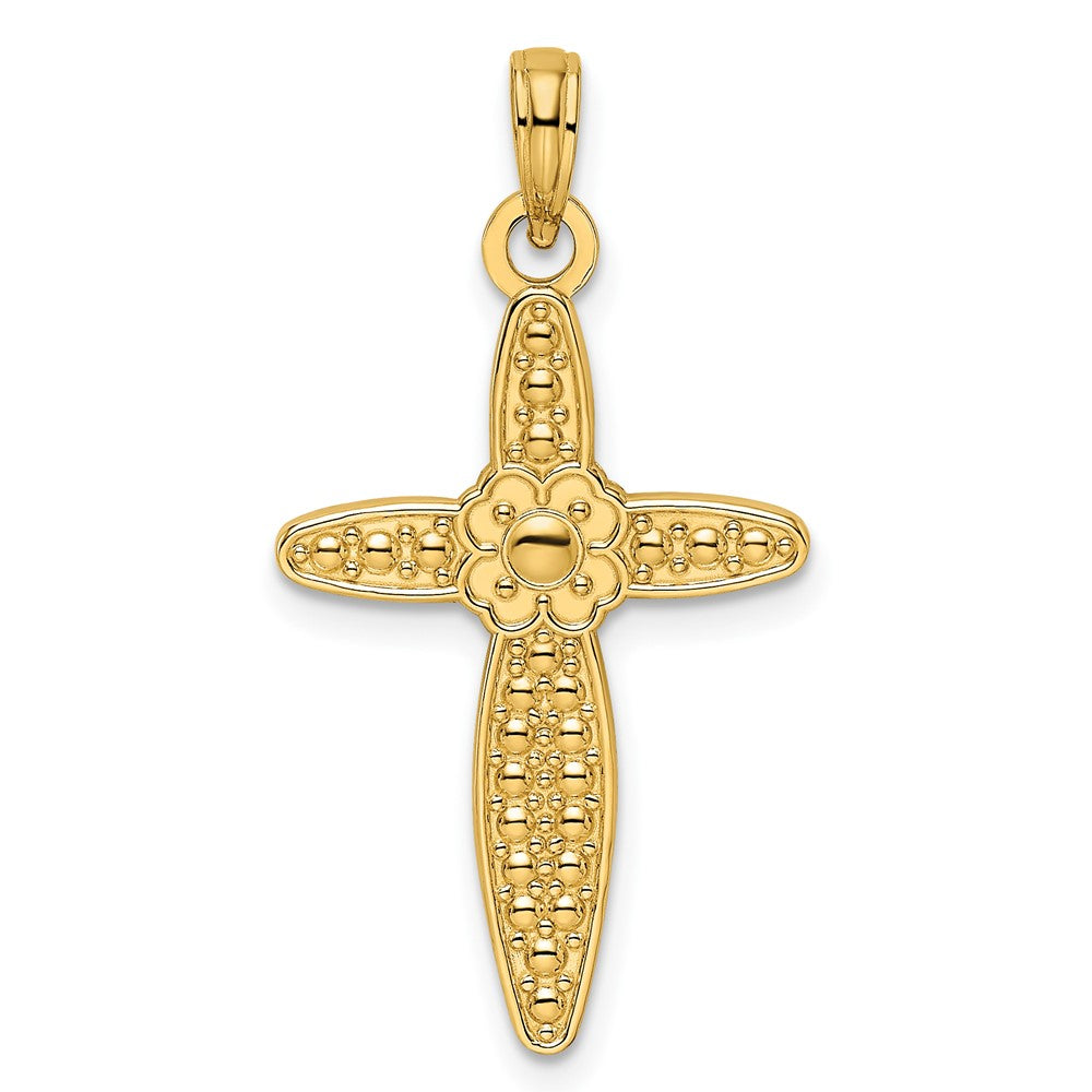 14 Karat Gelbgold Kreuz-Anhänger mit Perlrand, poliert, im Blumen-Design