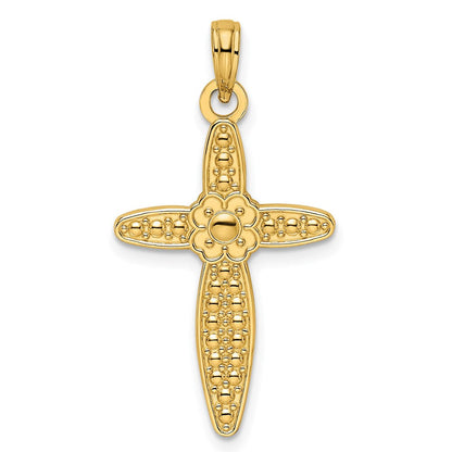 14 Karat Gelbgold Kreuz-Anhänger mit Perlrand, poliert, im Blumen-Design
