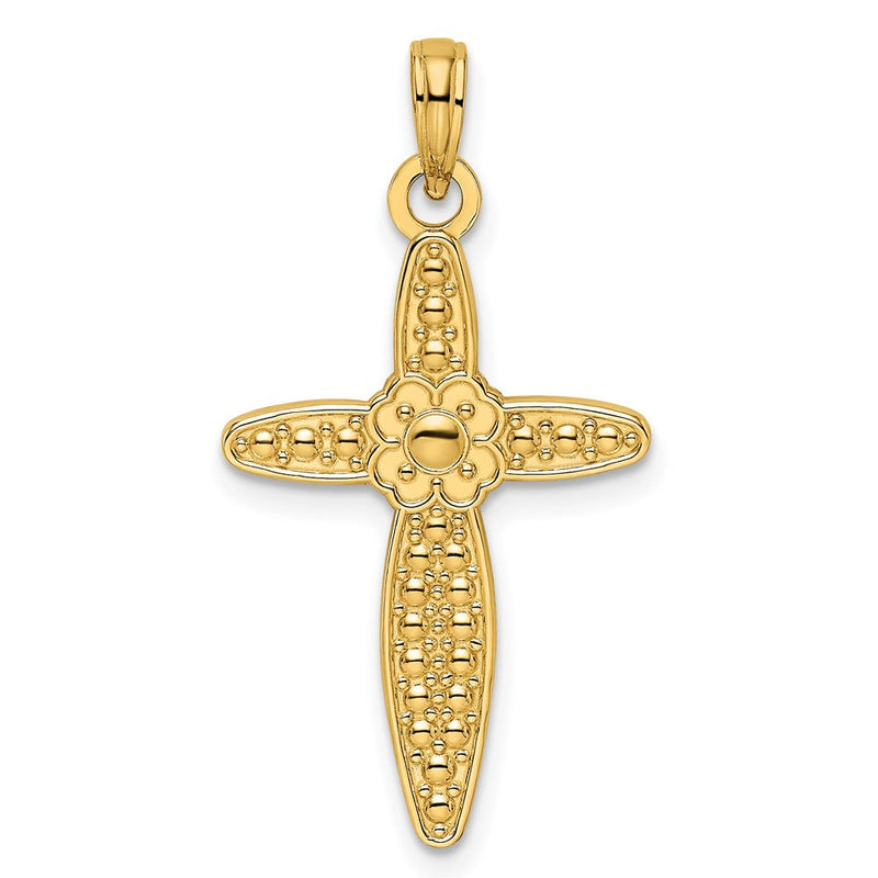 14 Karat Gelbgold Kreuz-Anhänger mit Perlrand, poliert, im Blumen-Design