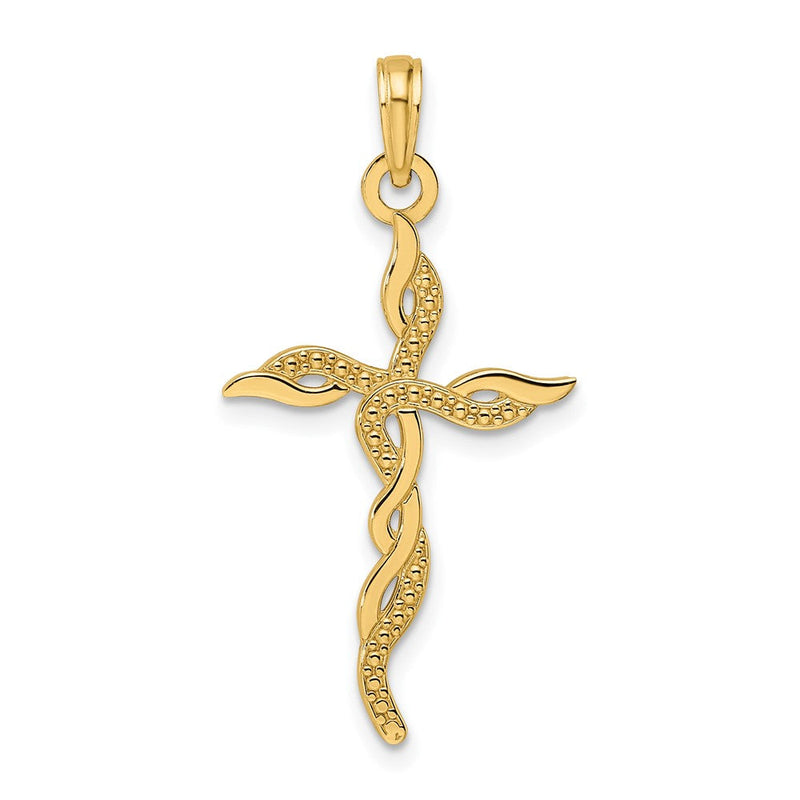 14K Gelbgold Polierter & Strukturierter Gedrehter Kreuz-Anhänger