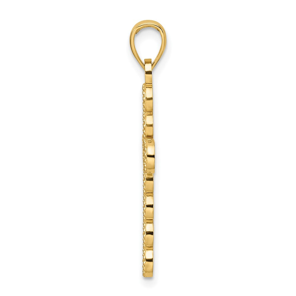 14K Gelbgold Kreuzanhänger mit poliertem & perlbesetztem Kreisdesign