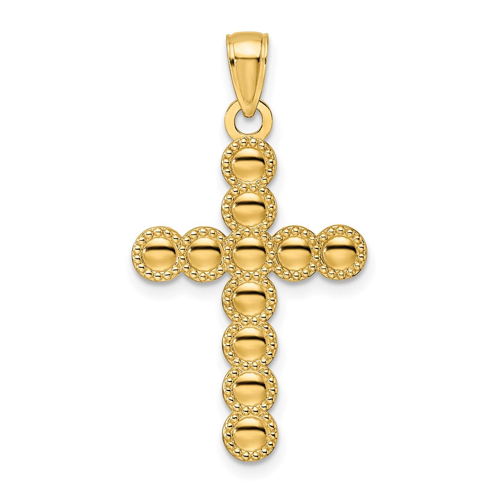 14K Gelbgold Kreuzanhänger mit poliertem & perlbesetztem Kreisdesign