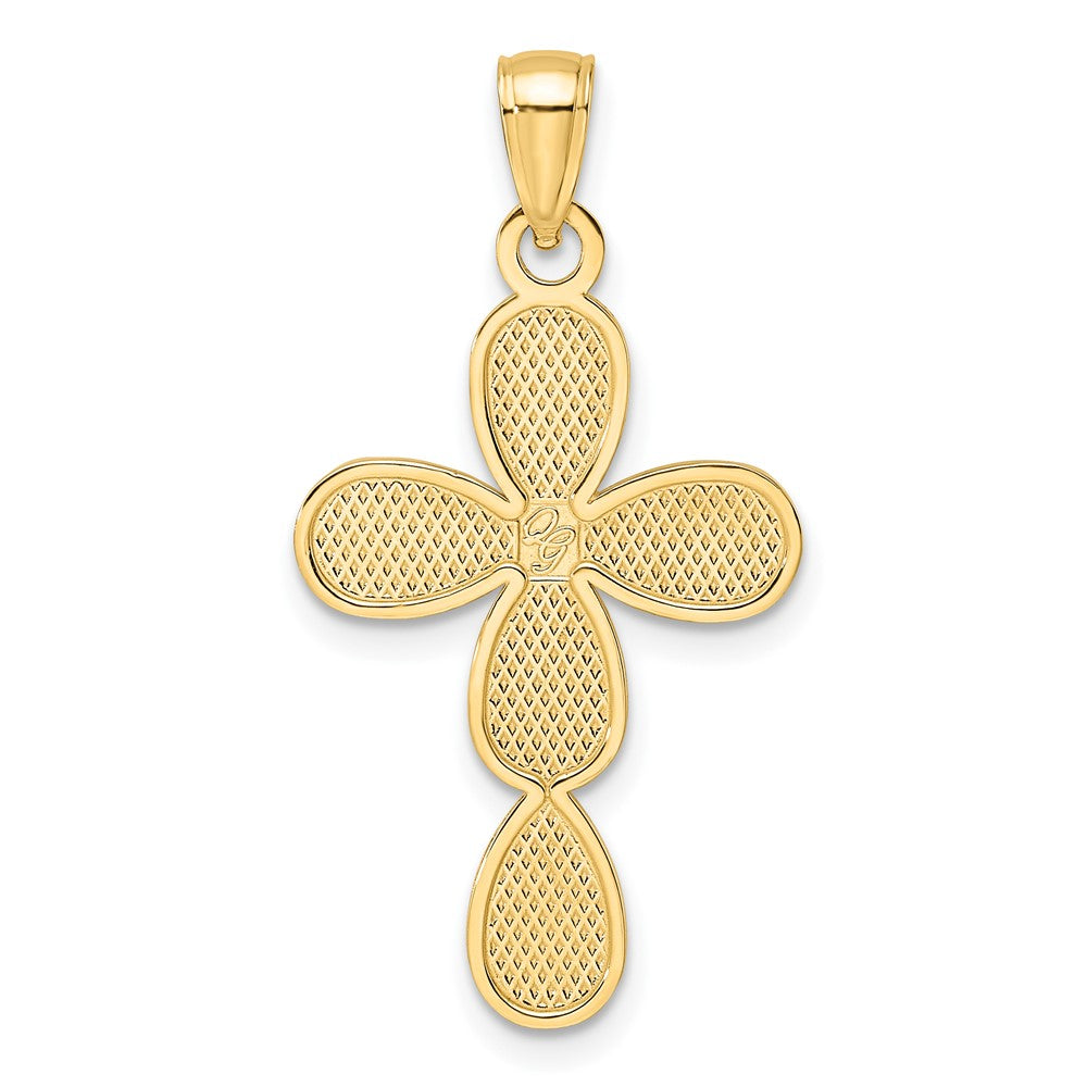 14K Gelbgold Kreuz-Anhänger in Tropfenform, poliert mit strukturiertem Rand