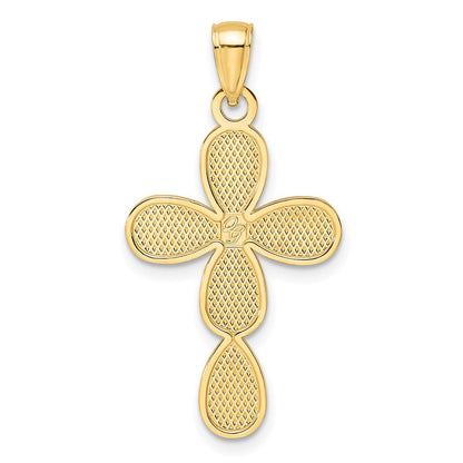 14K Gelbgold Kreuz-Anhänger in Tropfenform, poliert mit strukturiertem Rand