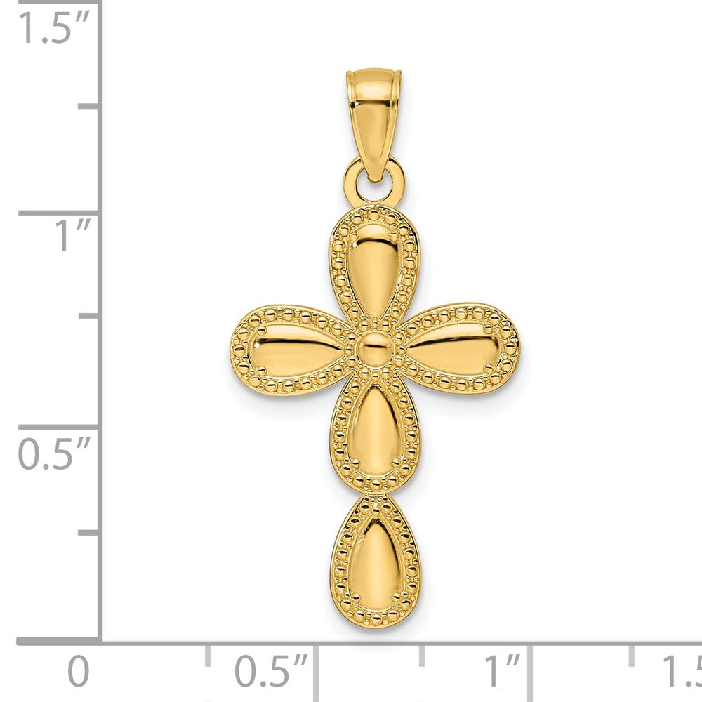 14K Gelbgold Kreuz-Anhänger in Tropfenform, poliert mit strukturiertem Rand