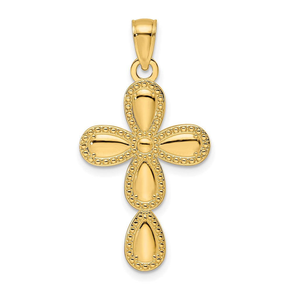 14K Gelbgold Kreuz-Anhänger in Tropfenform, poliert mit strukturiertem Rand