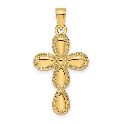 14K Gelbgold Kreuz-Anhänger in Tropfenform, poliert mit strukturiertem Rand