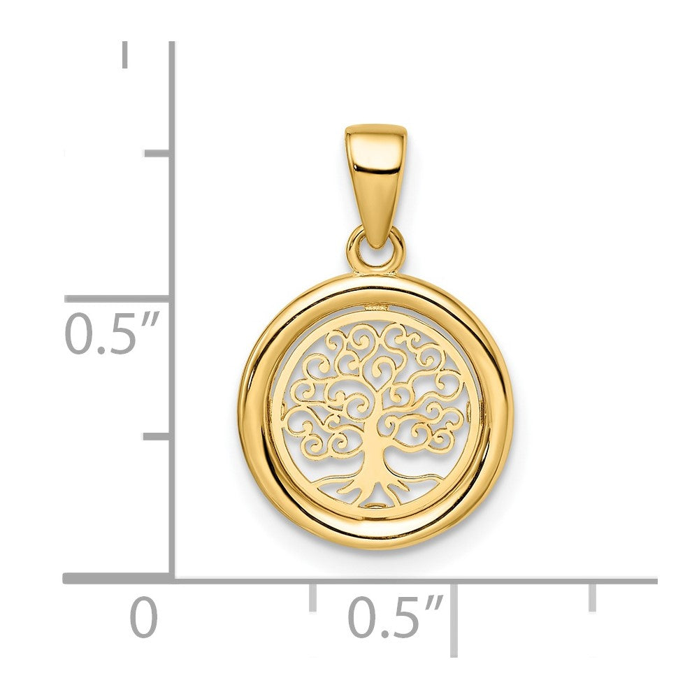 14K Gelbgold Poliert Baum Of Leben Kreis Anhänger