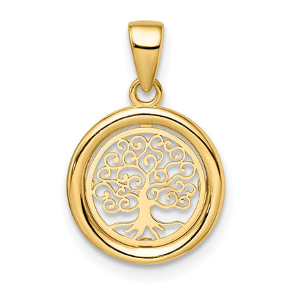 14K Gelbgold Poliert Baum Of Leben Kreis Anhänger