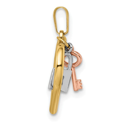 14K Tricolor Herz, Schloss und Key Anhänger