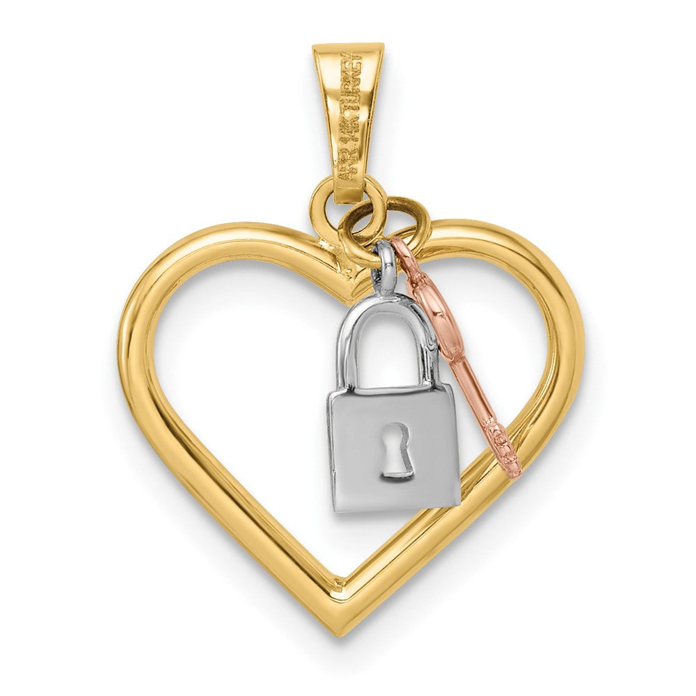 14K Tricolor Herz, Schloss und Key Anhänger