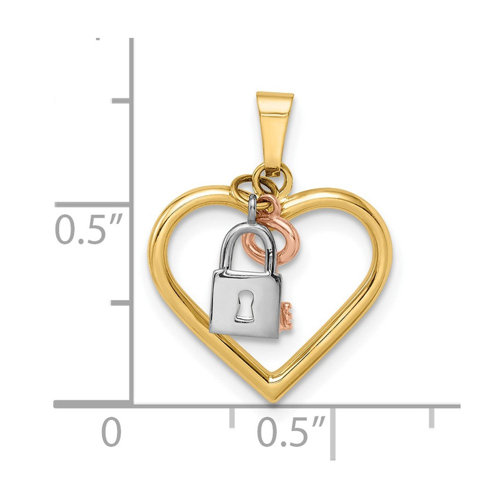 14K Tricolor Herz, Schloss und Key Anhänger