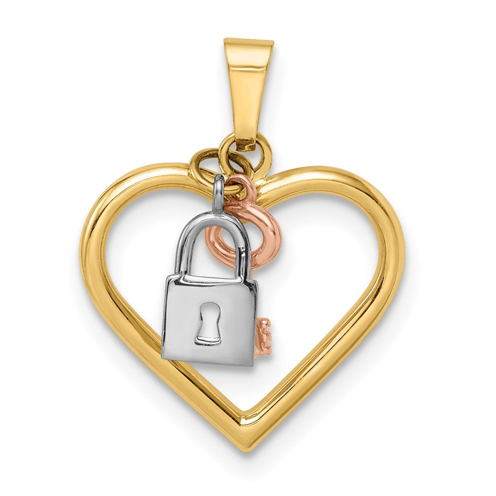 14K Tricolor Herz, Schloss und Key Anhänger